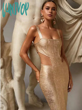 Lunivop Women Summer Sexy Backless Hollow Out Midi Gold Silver Bronzing Bodycon Bandage Dress